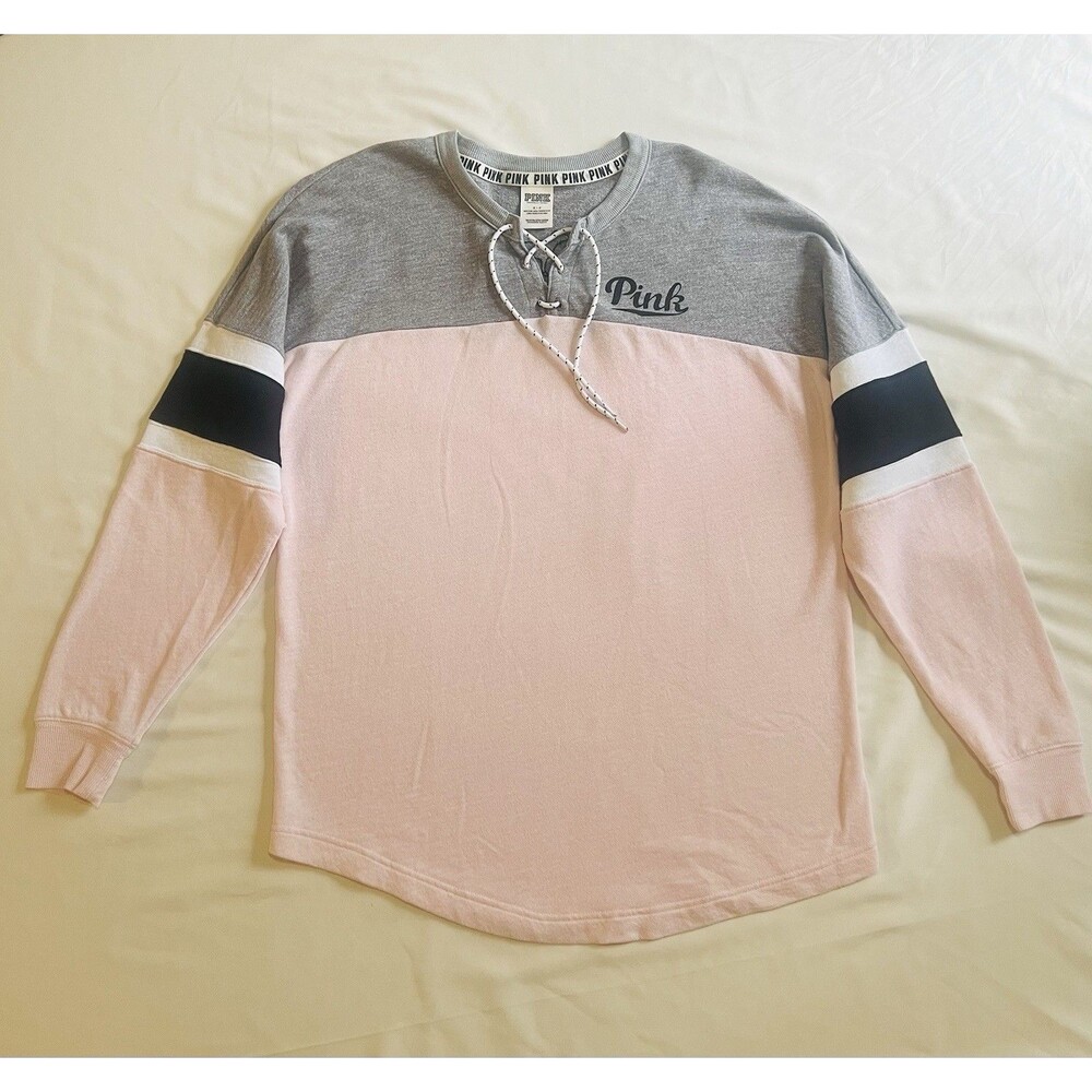 Victoria's Secret PINK Campus Jersey Sweatshirt Sz S Varsity Oversized Logo Top